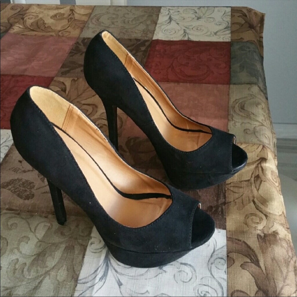 Black suede open toed heels